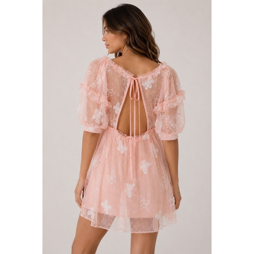 For Love & Lemons Shari Medium Peach Mini Dress Butterfly Sequin Lace NWT - Picture 5 of 16
